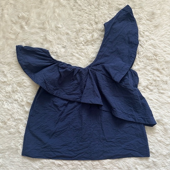 Cuyana Seersucker Flounce Top 100% Cotton Ruffle Asymmetrical Textured Blue Sz L - Picture 3 of 12